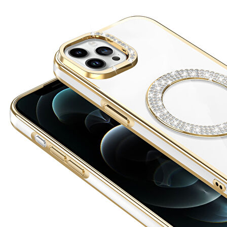iPhone 12 Pro Kılıf Pırlanta Taş Tasarımlı M-safe Şarj Özellikli Karetta Silikon Kapak