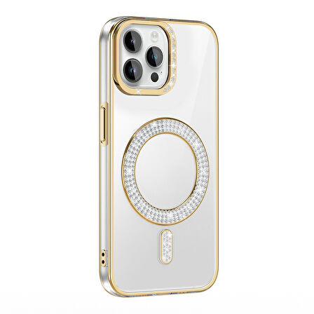 iPhone 12 Pro Kılıf Pırlanta Taş Tasarımlı M-safe Şarj Özellikli Karetta Silikon Kapak
