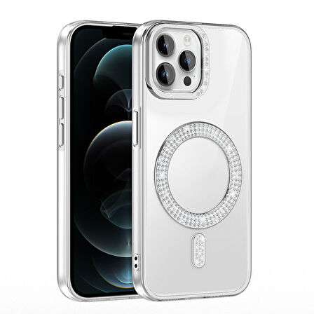 iPhone 12 Pro Kılıf Pırlanta Taş Tasarımlı M-safe Şarj Özellikli Karetta Silikon Kapak