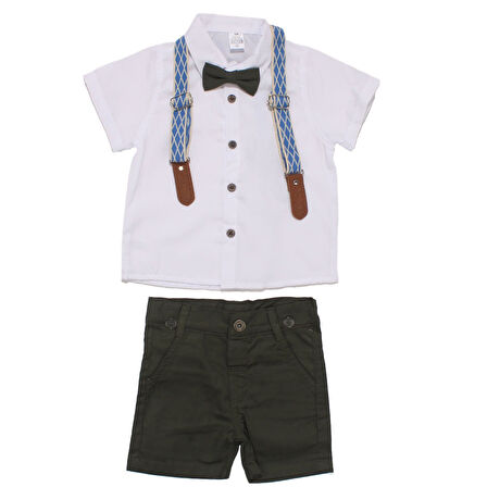 Erkek Çocuk Beyaz Gömlekli Yeşil Şortlu Papyonlu Takım