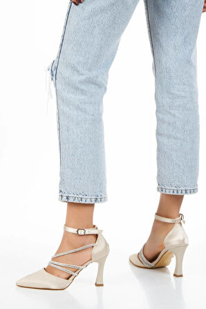  Kadın Topuklu Ayakkabı  Saten taş detaylı