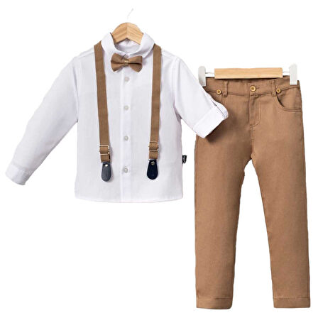 Erkek Çocuk Beyaz Kahve Pantolonlu Papyonlu Salopetli 3'lü Takım