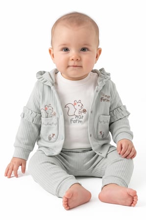 Unisex Ekru Su Yeşili Sincap Nakışlı Hırkalı 3'lü Takım
