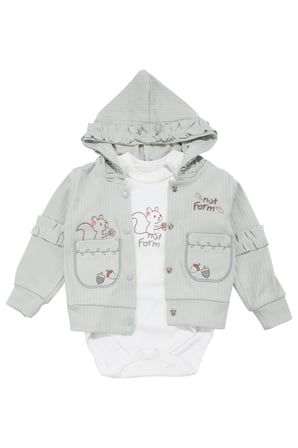 Unisex Ekru Su Yeşili Sincap Nakışlı Hırkalı 3'lü Takım