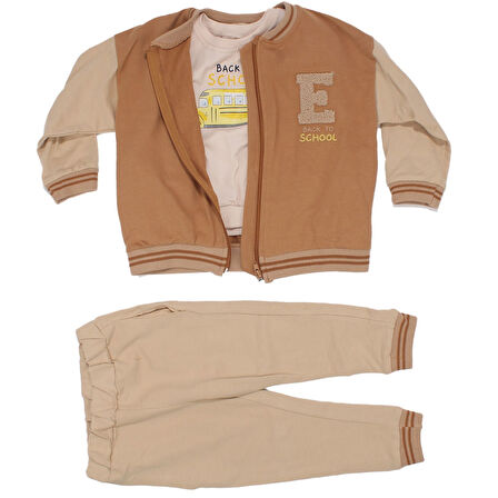 Erkek Çocuk Kahve Bej E Nakışlı Kolej Hırkalı 3'Lü Takım