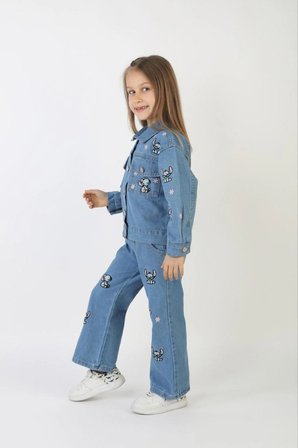 Kız Çocuk Stitch ve Çiçek Nakışlı İkili Denim Takım