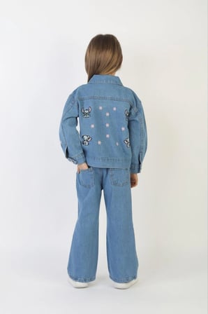 Kız Çocuk Stitch ve Çiçek Nakışlı İkili Denim Takım