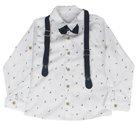 Erkek Çocuk Beyaz Laci Küçük Balık Dalgıc Baskılı Papyonlu Gömlekli 2'li Takım