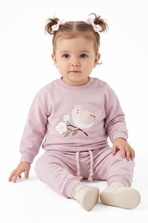 Kız Bebek Lila Kuş Çiçek Nakışlı 2'li Takım
