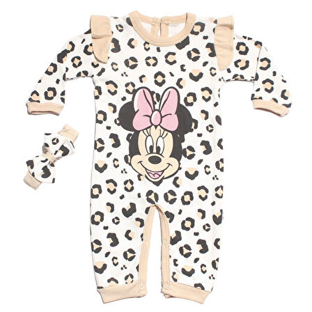 Kız Bebek Ekru Bej Mikili Leopar Desenli Bandanalı Tulum