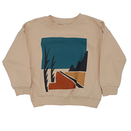 Erkek Çocuk Ekru Mavi Manzara Baskılı Çizgili Pantolonlu 2'li Takım