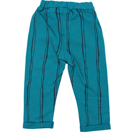 Erkek Çocuk Ekru Mavi Manzara Baskılı Çizgili Pantolonlu 2'li Takım