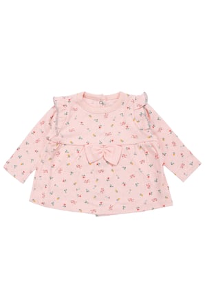 Kız Bebek Somon Renkli Minik Çiçek Desenli Fırfırlı Pijama Takımı