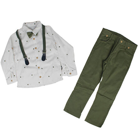 Erkek Çocuk Beyaz Yeşil Yıldız Desenli Papyonlu Gömlekli Papyonlu Askılı 2'li Takım