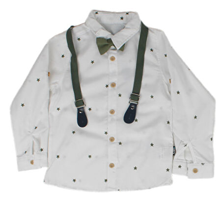 Erkek Çocuk Beyaz Yeşil Yıldız Desenli Papyonlu Gömlekli Papyonlu Askılı 2'li Takım