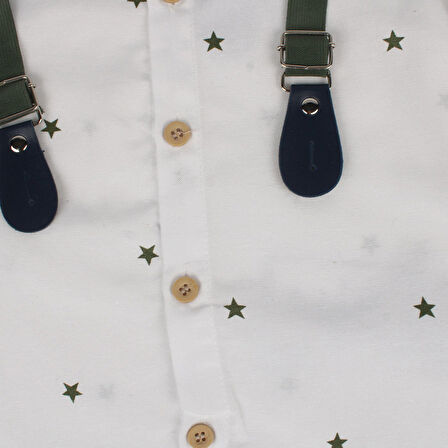 Erkek Çocuk Beyaz Yeşil Yıldız Desenli Papyonlu Gömlekli Papyonlu Askılı 2'li Takım