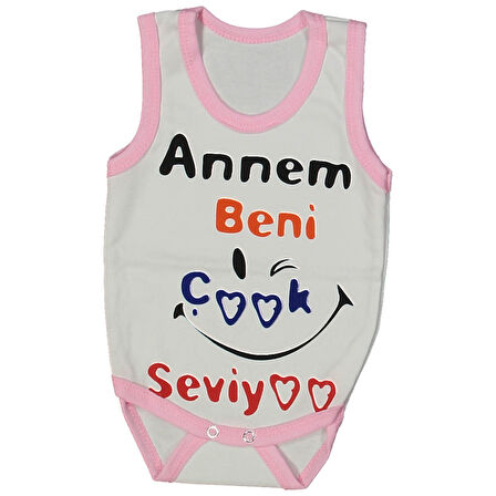 Kız Bebek Beyaz Pembe Biyeli Annem Beni Seviyor Yazılı Askılı Zıbın