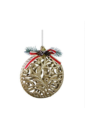 Kıvrımlı Desenli Yuvarlak Yılbaşı Süsü Şampanya 14 cm