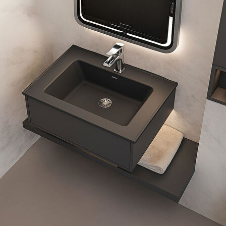 Real Stone ZENITH 65 Etajerli Gri Granit Banyo Lavabosu 65x45