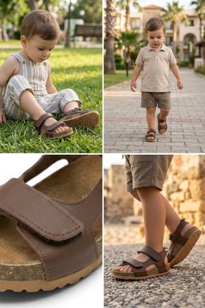Deri Ortopedik Cift Cırtlı Bebek Sandalet Camel
