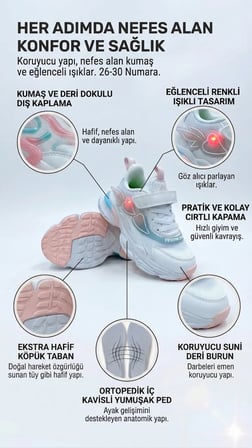 Kalp Süslü Işıklı Kız Çocuk Spor Ayakkabı