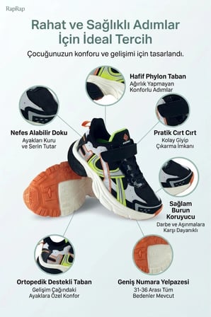 Ortopedik Taban Nefes Alabilen Çocuk Spor Ayakkabı Siyah