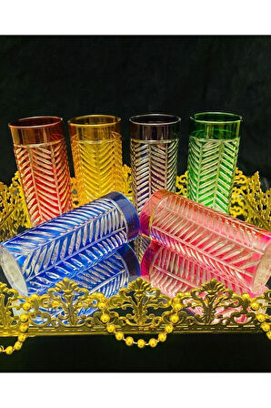 EL İŞİ RENKLİ 6'LI KRİSTAL KESME BALIK SIRTI İŞLEMELİ KAHVE YANI BARDAK NİHAVENT SERİ