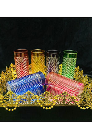 EL İŞİ RENKLİ 6'LI KRİSTAL KESME BALIK SIRTI İŞLEMELİ KAHVE YANI BARDAK NİHAVENT SERİ