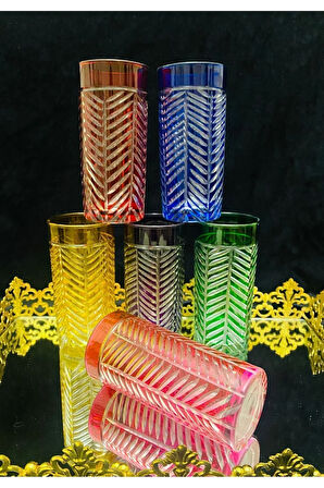 EL İŞİ RENKLİ 6'LI KRİSTAL KESME BALIK SIRTI İŞLEMELİ KAHVE YANI BARDAK NİHAVENT SERİ