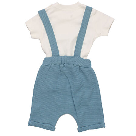 Erkek Bebek Mavi Waffle Kumaş Beyaz Tişörtlü Salopetli Tulum Takım