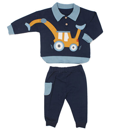 Erkek Bebek Lacivert Sarı Kepçe Desenli Yakalı 2'li Takım