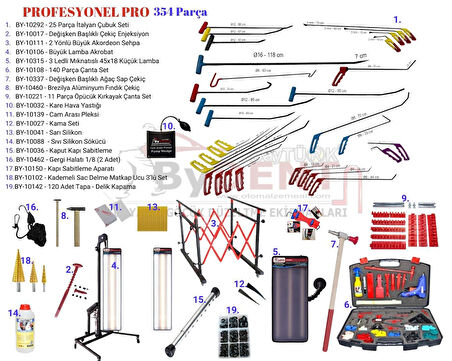 354 Parça Profesyonel Pdr Boyasız Göçük Onarım Seti