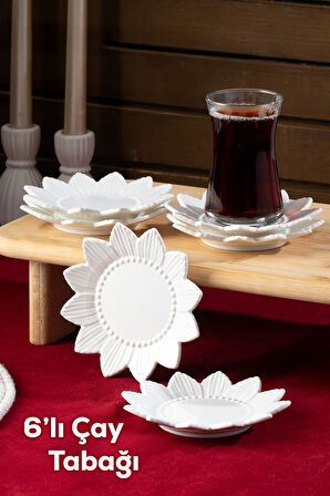 Porsima 2338 Güneş Motifli 6lı Porselen Çay Tabağı Seti Beyaz - 11,5cm
