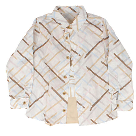 Erkek Çocuk Beyaz Kahve Renkli Çizgi Baskılı Gömlekli Pantolon Emoji Badili 3'lü Takım