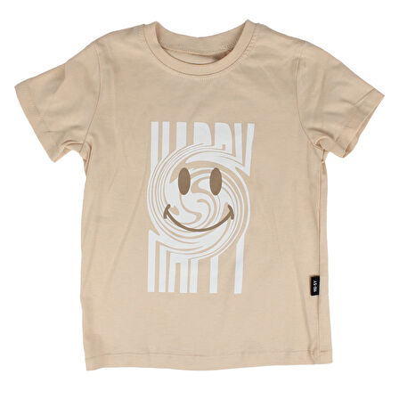 Erkek Çocuk Beyaz Kahve Renkli Çizgi Baskılı Gömlekli Pantolon Emoji Badili 3'lü Takım