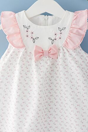 Kız Bebek Elbise Çiçek Desenli Fiyonklu Bebek Elbise