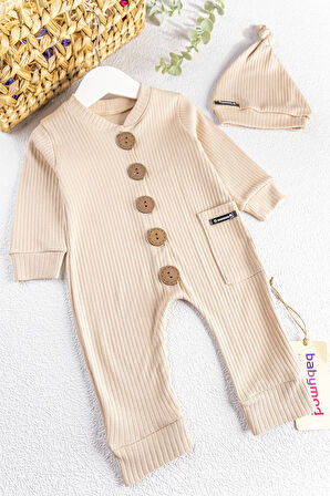 Natural Düğmeli Şapkalı Kız/Erkek Bebek Tulum Takım