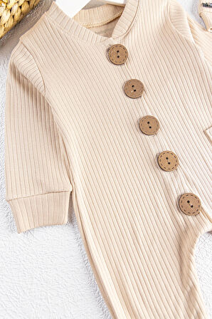 Natural Düğmeli Şapkalı Kız/Erkek Bebek Tulum Takım