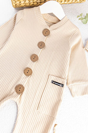 Natural Düğmeli Şapkalı Kız/Erkek Bebek Tulum Takım