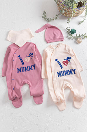 I Love Mummy Baskılı 2'li Uzun Kollu Kız/Erkek Bebek Tulum Takım