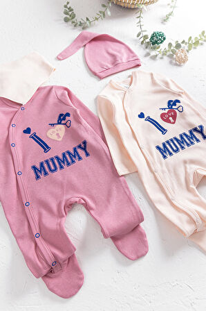 I Love Mummy Baskılı 2'li Uzun Kollu Kız/Erkek Bebek Tulum Takım