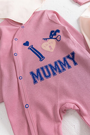 I Love Mummy Baskılı 2'li Uzun Kollu Kız/Erkek Bebek Tulum Takım
