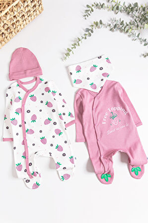 Çilek Desenli 2'li Uzun Kollu Kız Bebek Tulum Takım