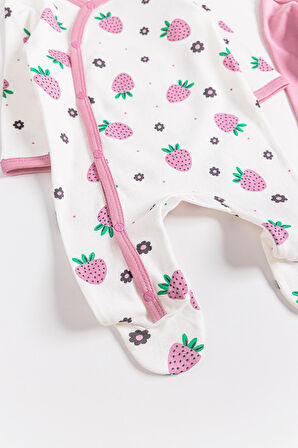 Çilek Desenli 2'li Uzun Kollu Kız Bebek Tulum Takım