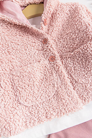 Kapüşonlu Hırkalı 3'lü Kız Bebek Takım