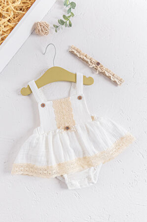 Güpürlü Bandanalı Müslin Askılı Yazlık Kız Bebek Tulum