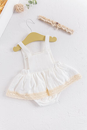 Güpürlü Bandanalı Müslin Askılı Yazlık Kız Bebek Tulum