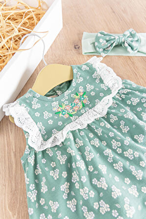 Çiçek Desenli Bandanalı 3'lü Kız Bebek Elbiseli  Takım