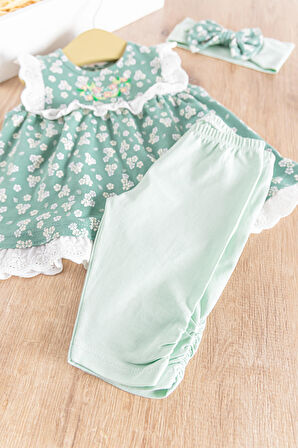 Çiçek Desenli Bandanalı 3'lü Kız Bebek Elbiseli  Takım