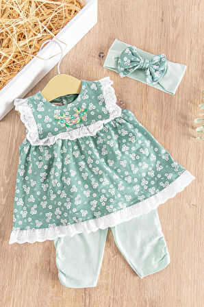 Çiçek Desenli Bandanalı 3'lü Kız Bebek Elbiseli  Takım